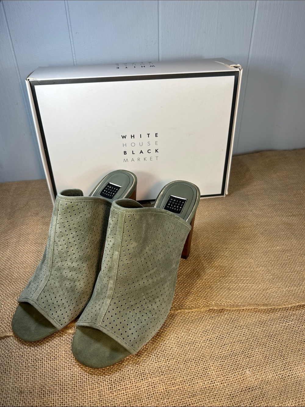 White House Black Market Mackenna Military Green Suede Peep-Toe Mules